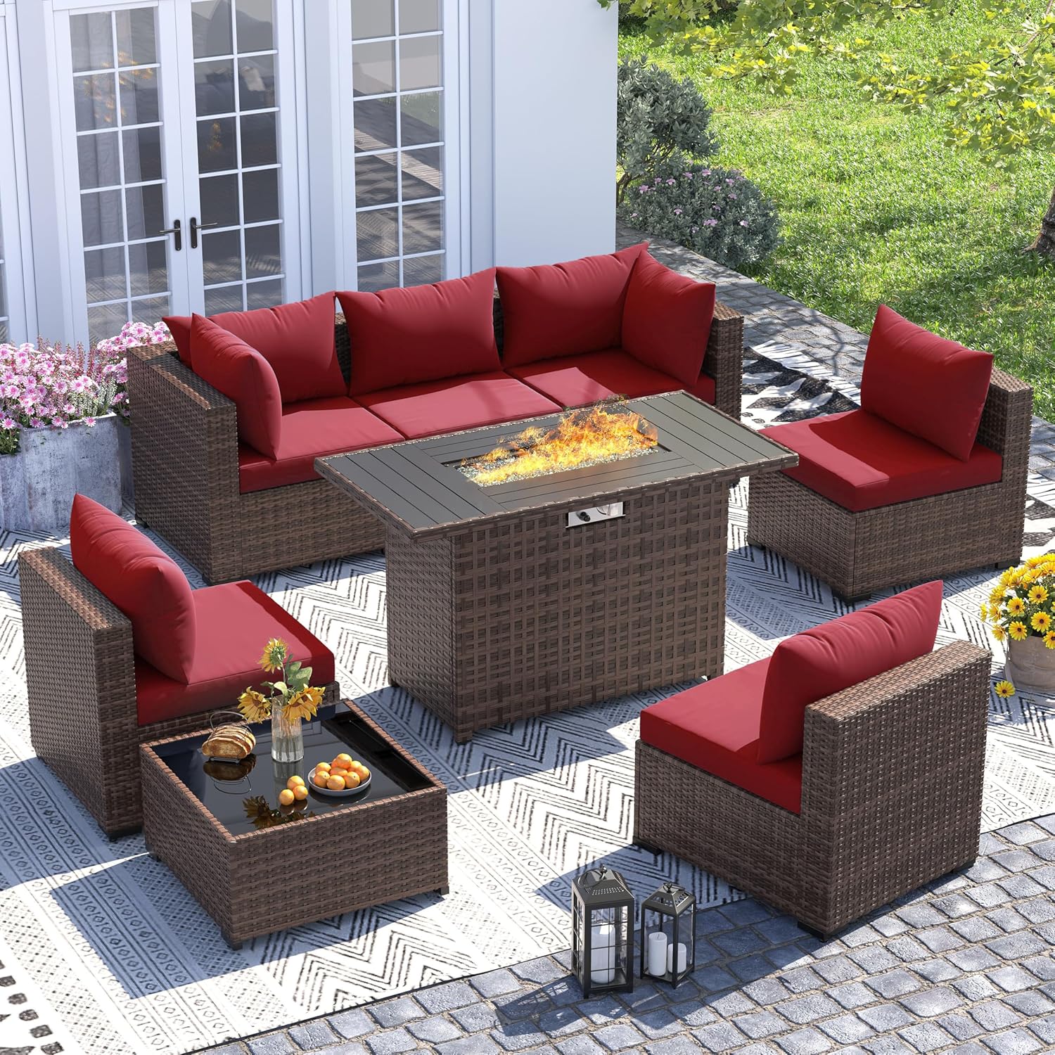 Outdoor Furniture Set With Fire Pit - 8-teiliges Allwetter-Rattan-Sofa-Set mit Feuertisch für Terrasse,