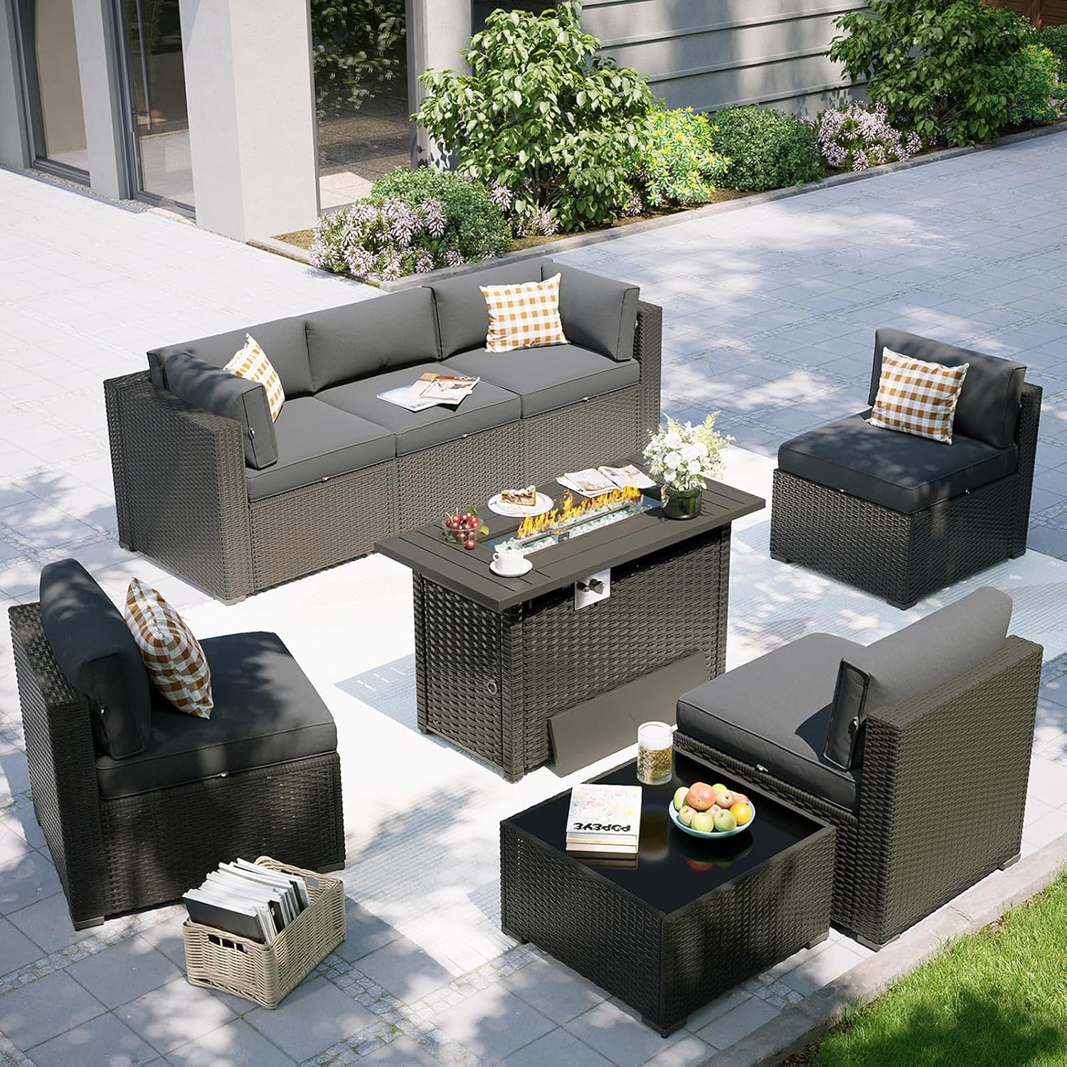 Outdoor Furniture Set With Fire Pit - Terrassenmöbel-Set mit Feuertisch, 8-teilige Outdoor-Sofagarnitur, Rattan-Gartenmöbel,