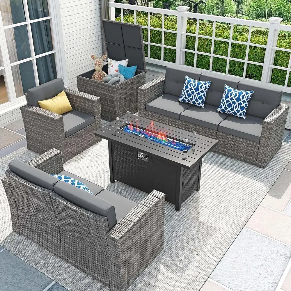 Outdoor Furniture Set With Fire Pit - 8-teiliges Gartenmöbel-Set mit 45-Zoll-Feuertisch, Outdoor-Sitzgruppe mit