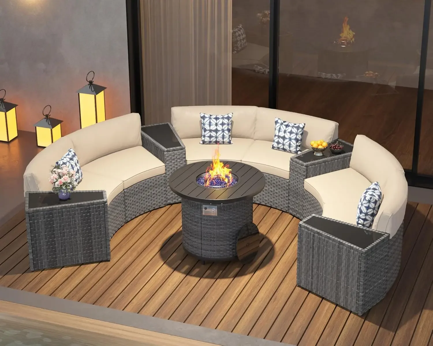 Outdoor Furniture Set With Fire Pit - l Terrassenmöbel-Set mit 32-Zoll-Feuerstellentisch, 11-teiligem Halbmond-gebogenem