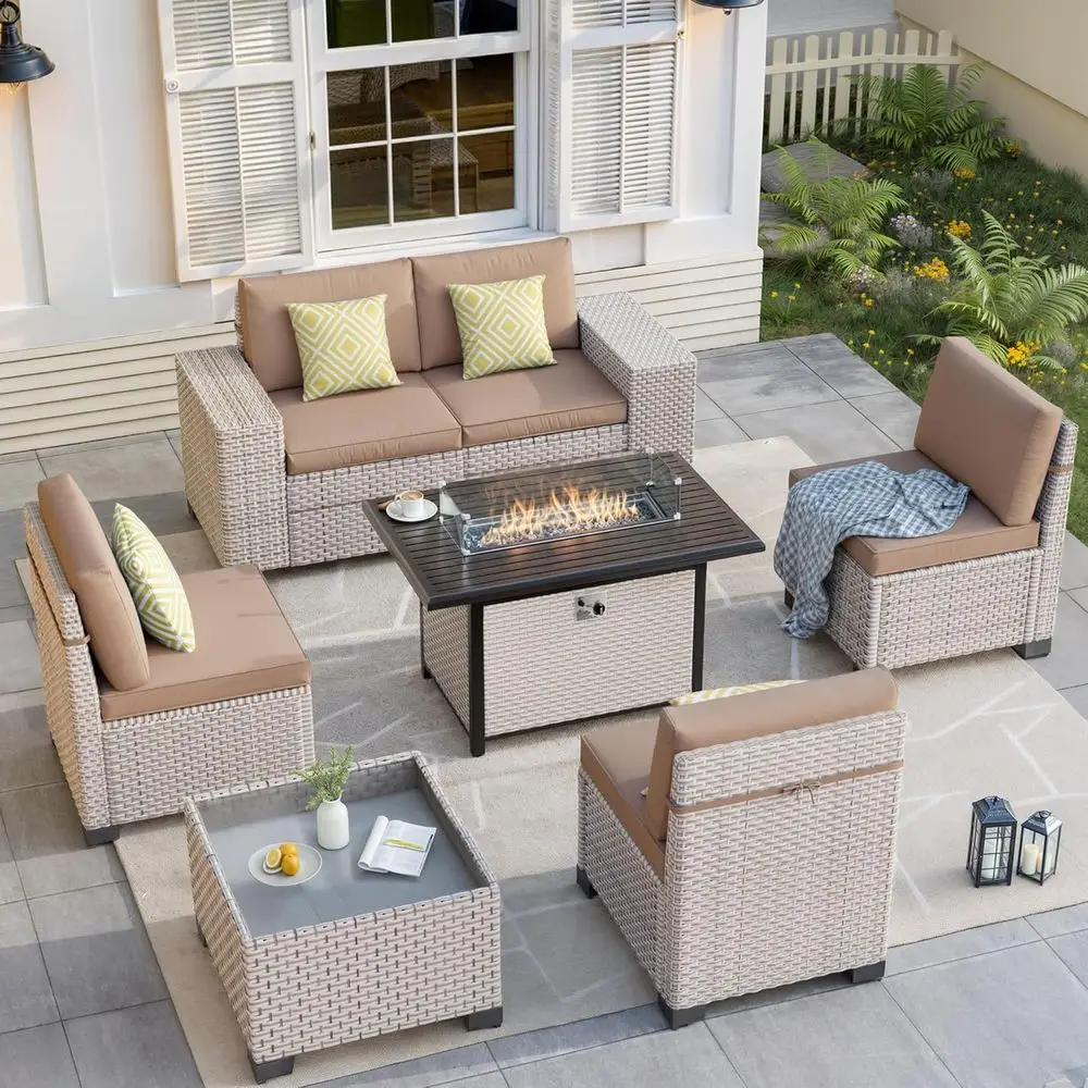 Outdoor Furniture Set With Fire Pit - 7-teiliges Outdoor-Terrassenmöbel-Set mit Feuerstelle, Ecksofa mit