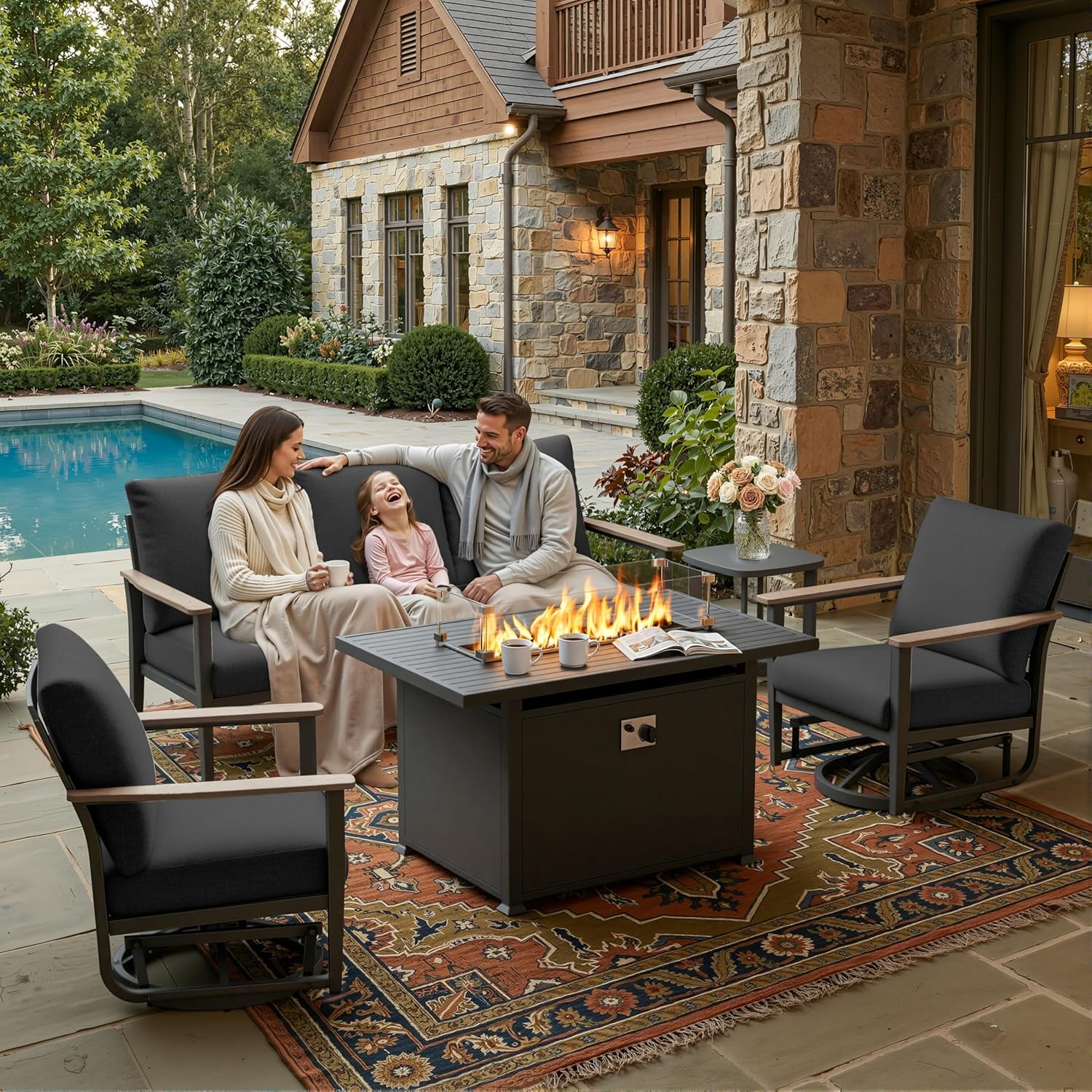 Outdoor Furniture Set With Fire Pit - 5-teiliges Aluminium-Gartenmöbel-Set mit Schaukelstühlen, 5-Zoll-Kissen und