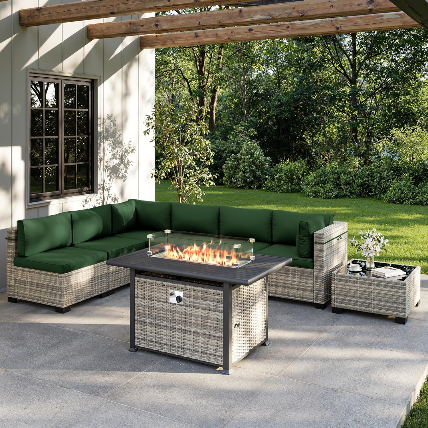 Outdoor Furniture Set With Fire Pit - 8-teiliges Outdoor-Gartenmöbel-Set mit 55.000 BTU Feuertisch,