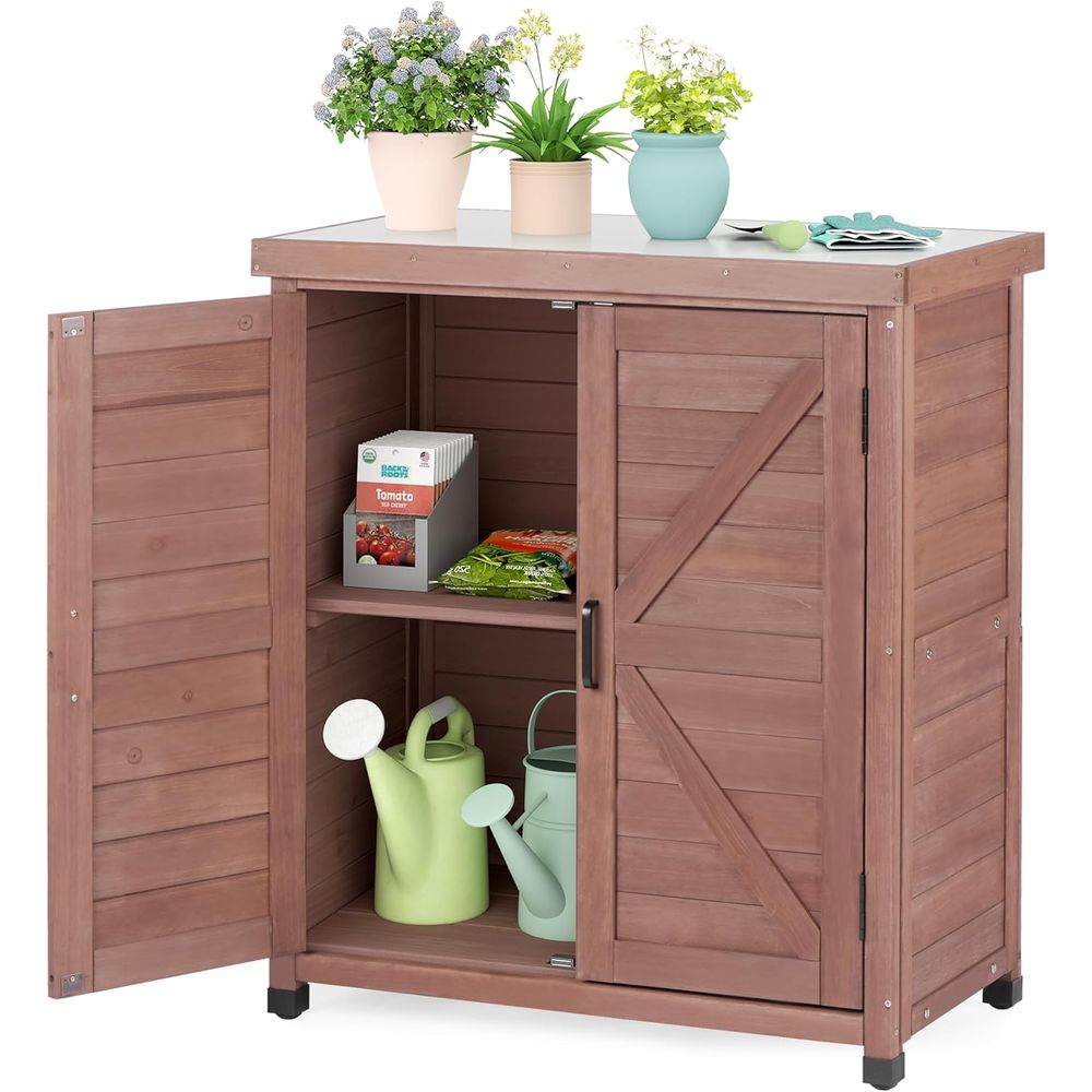 Outdoor Furniture Wood - Gartenschrank & Pflanztisch mit Metallplatte, Gartenmöbel
