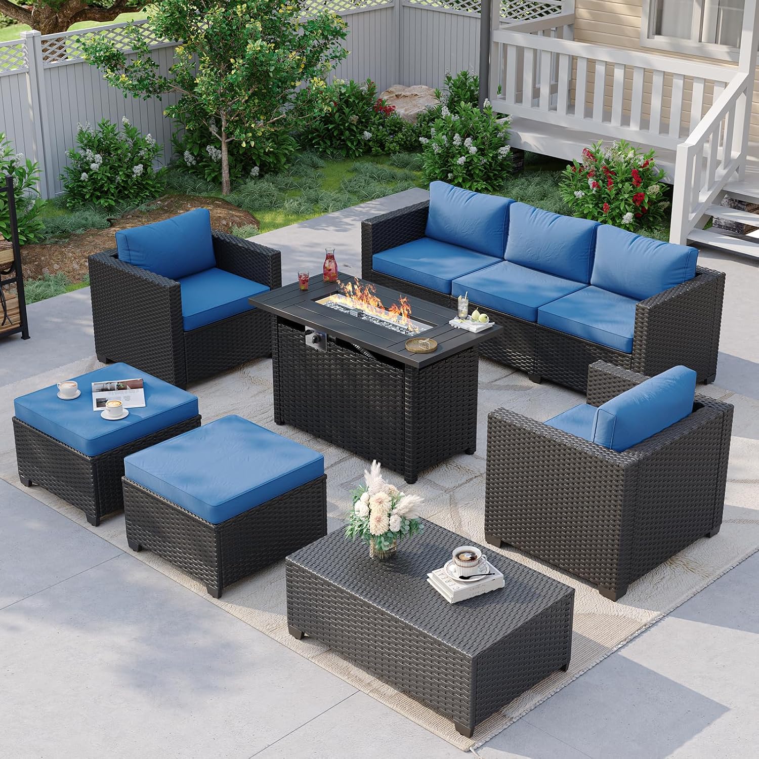 Marineblaues Outdoor-Sofa-Set  – Outdoor Furniture Set With Fire Pit Bewertung und Preis