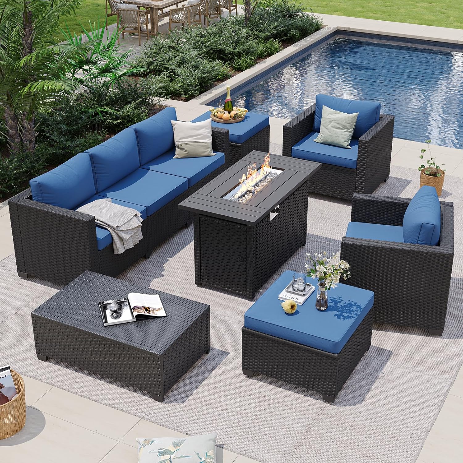 Marineblaues Outdoor-Sofa-Set  – Outdoor Furniture Set With Fire Pit Bewertung und Preis